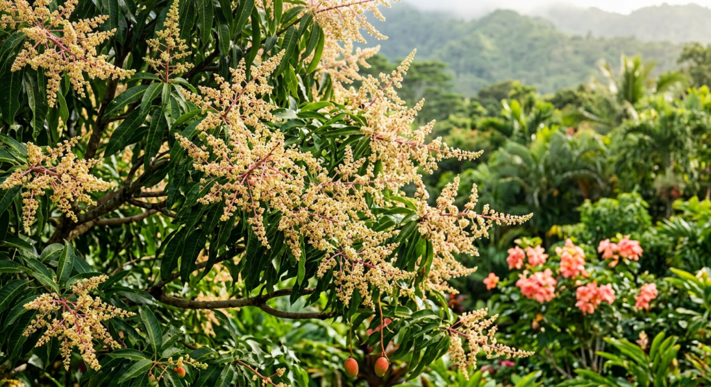 Mango tree branches with clusters of yellow flowers and green leaves