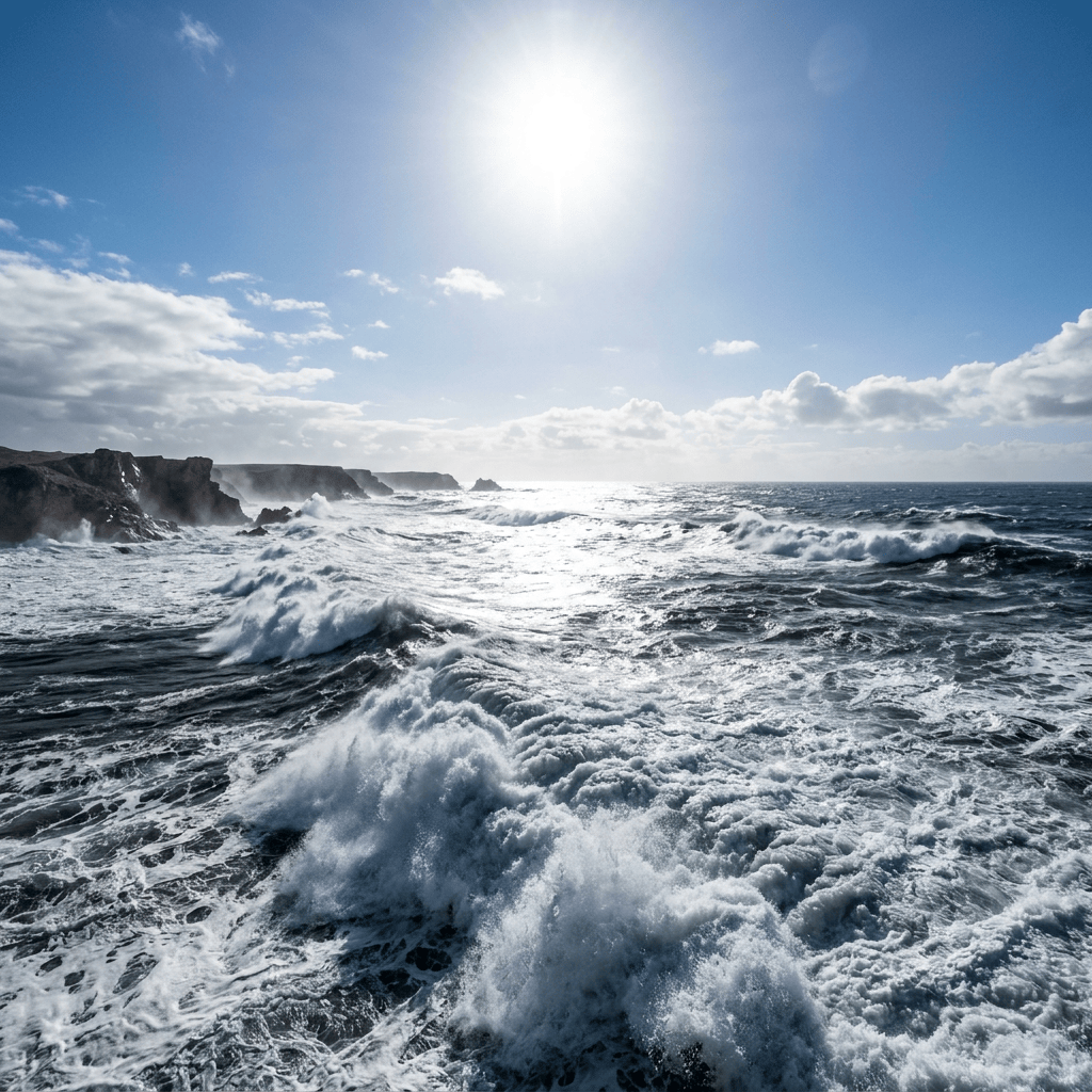 Powerful ocean waves breaking beside rugged coastal cliffs under a bright sun